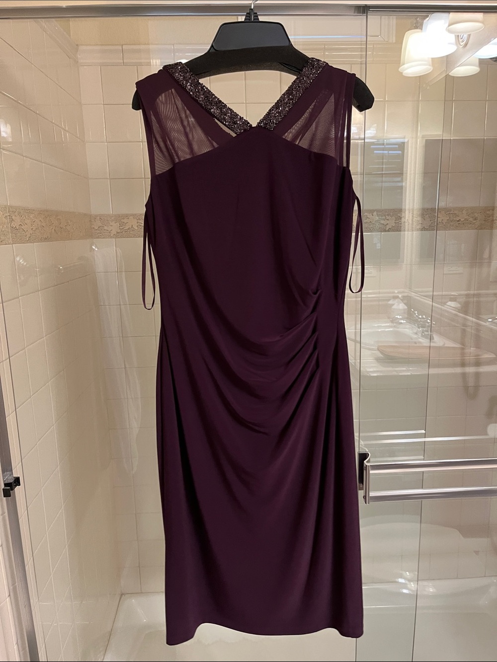 Lauren Ralph Lauren Plum Sleeveless Midi Dress with Beaded Crisscross Yoke